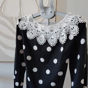 Black and White Polka Dot Dress with Lace Collar